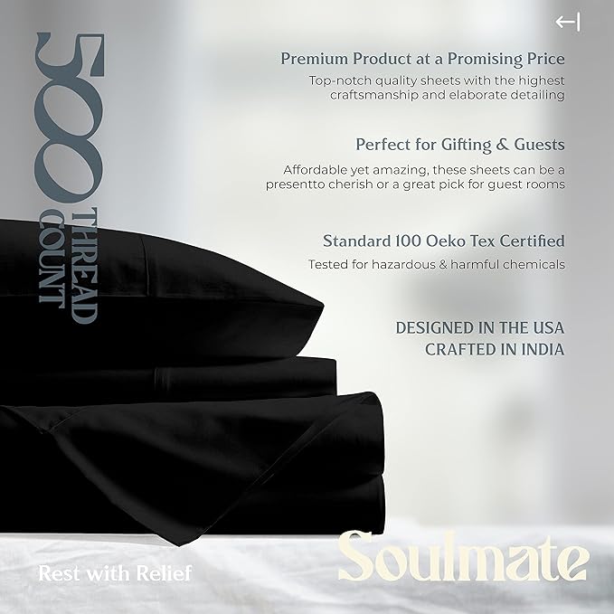 Mayfair Linen 500 Thread Count Split King Sheets Sets for Adjustable Bed - 5 PC Split King Size Bed Sheet Set Cotton (Black), Soft, Cooling, Sateen Weave 16" Deep Pocket Bedsheet (Fits 18" Mattress)
