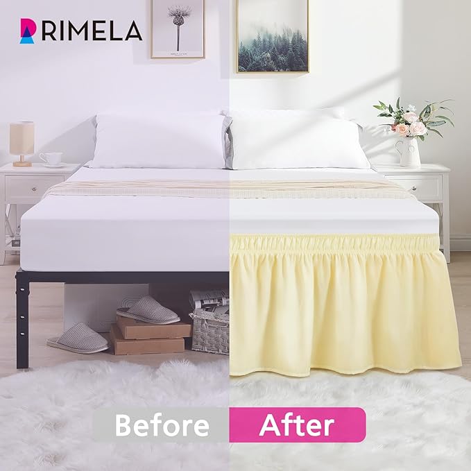 RIMELA Bed Skirt Queen Size 15 Inch Drop, Wrap Around Elastic Bedskirt Solid Microfiber Luxury Hotel Quality Fabric, Easy to Install Machine Washable Wrinkle & Fade Resistant, Light Yellow