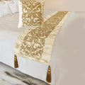 The HomeCentric King/Queen/Twin Gold Designer Queen 74"x18" Bed Runner with Pillow Cover, Foil & Hand Beaded Embroidery Bed Scarf on Jacquard Fabric - Ornamento Oro