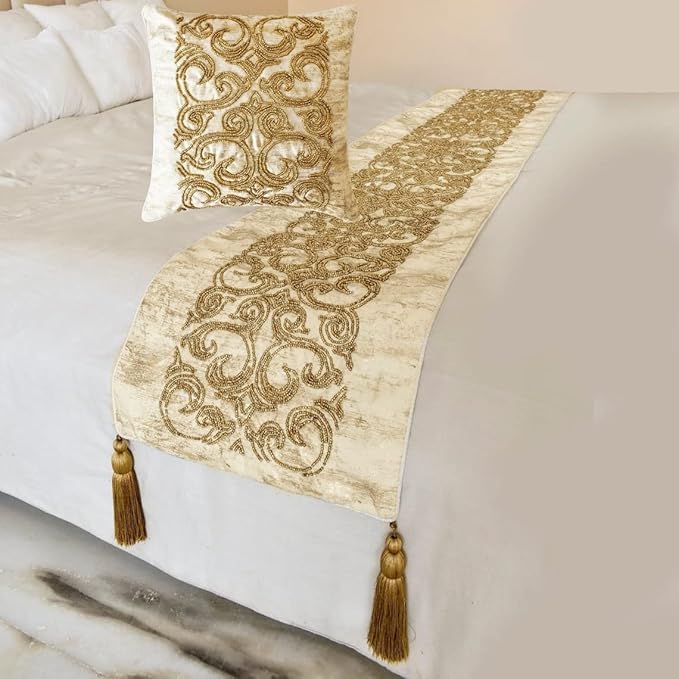 The HomeCentric King/Queen/Twin Gold Designer Queen 74"x18" Bed Runner with Pillow Cover, Foil & Hand Beaded Embroidery Bed Scarf on Jacquard Fabric - Ornamento Oro