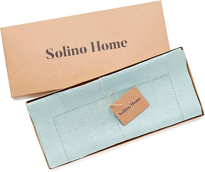 Solino Home Linen Aqua Blue Table Runner 132 Inches Long - 100% Pure Linen Extra Long Table Runner 14 x 132 Inch for Christmas, Holiday, New Year - Classic Hemstitch
