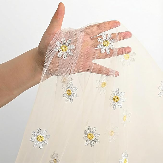 Horaldaily Champagne Embroidery Daisy Spring Summer Gauze Tablecloth 52×70 Inch Rectangular, Seasonal Tulle Table Cover, Garden Party Decorations for Wedding, Party, Holiday Dining