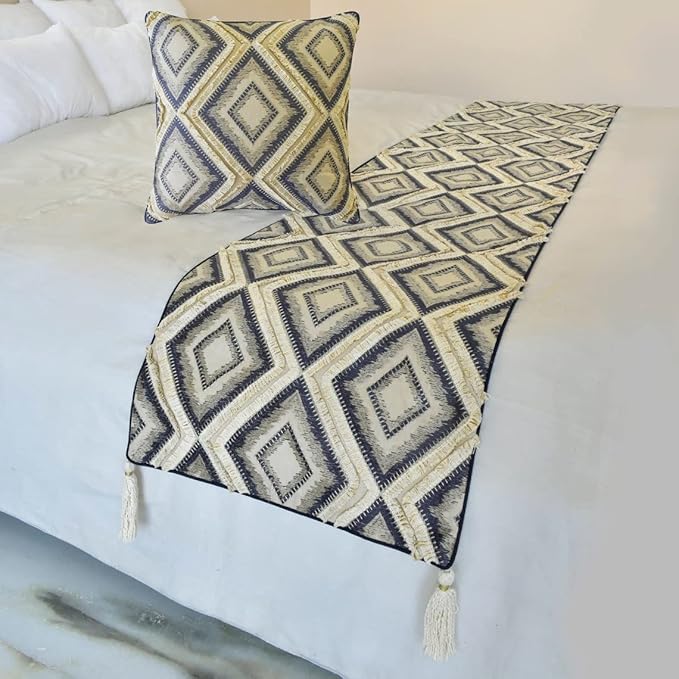 The HomeCentric King/Queen/Twin Blue Decorative Twin 53"x18" Bed Runner Without Pillow Cover, Lace & Moroccan Decor Bed Scarf on Jacquard Fabric - Akida