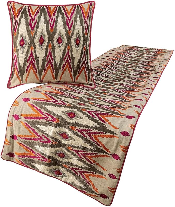 The HomeCentric King Queen Twin Multi Color & Pink Decorative Twin 53"x18" Bed Runner with Pillow Cover, Embroidered & Beaded Bed Scarf on Cotton Linen Fabric - My Ikat Love