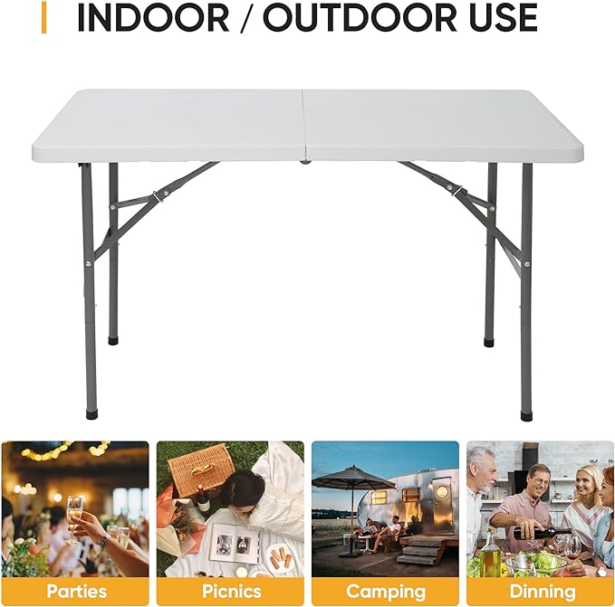 ZENY 4ft Portable Folding Table Plastic Indoor Outdoor Picnic Party Camp Dining Table with Handle, White