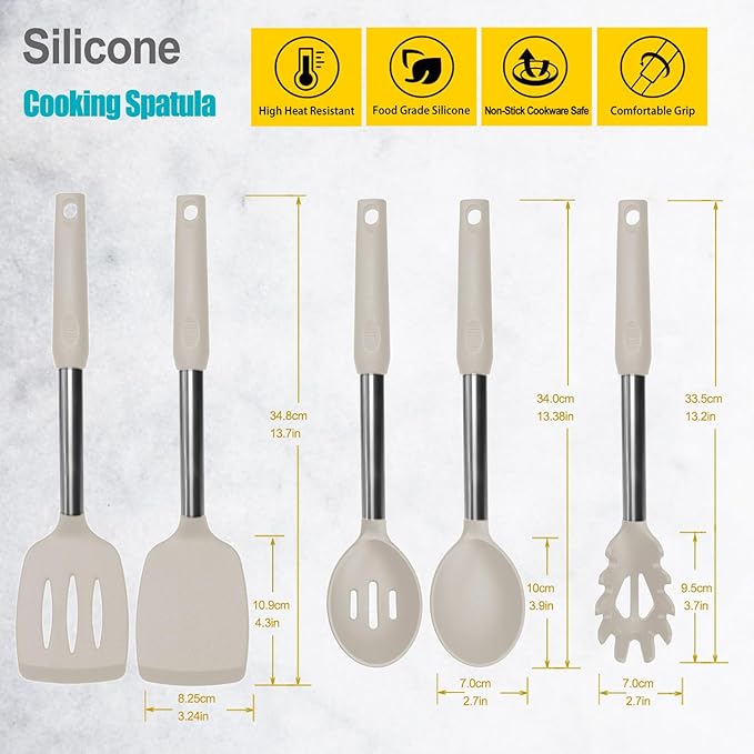 Silicone Spatula and Cooking Spoon,5 Pack Non-Stick Cooking Utensils for Kitchen，Heat Resistant Solid & Slotted Spoons and Spatulas, Stainless Steel Handle Coated with Silicone, Khaki