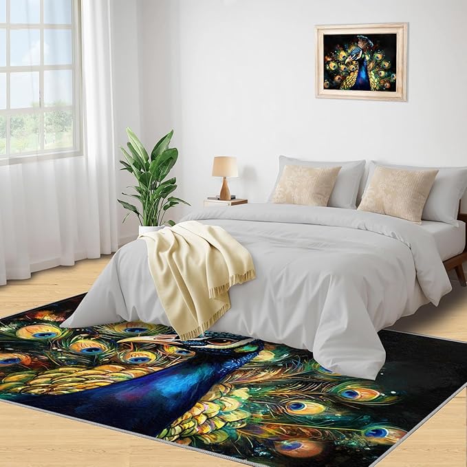Peacock Rugs for Bedroom - 5x7 Area Rug - 3D Peacock Rugs for Living Room, Abstract Watercolor Animal Rug, Non-Slip Washable Home Decor Carpet