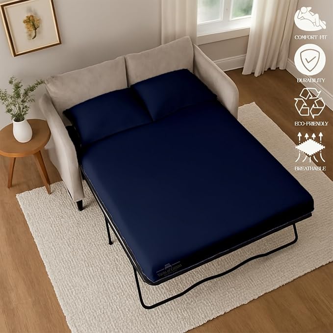 Sleeper Sofa 4 Piece Bed Sheet Set Premium Quality 100% Cotton 500 Thread Count, Smooth & Super Soft Sateen Weave, Extra Soft Bed Sheets, Wrinkle Free, 8 Inch Deep Pocket (Full, Navy)