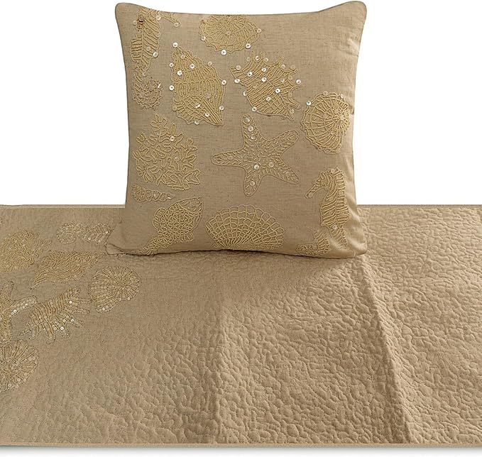 The HomeCentric King Queen Twin Beige Handmade Queen 74"x18" Bed Runner with Pillow Cover, Pearl Embroidery Bed Scarf on Linen Fabric - Off to The Sea