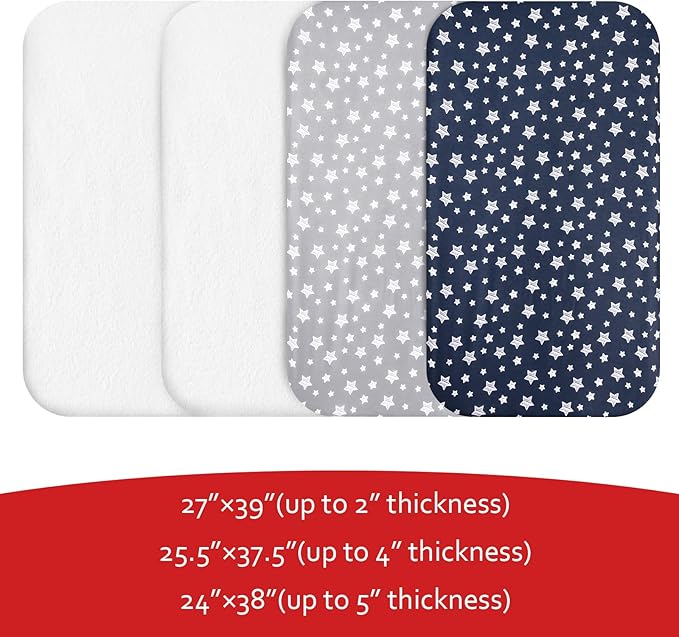 Pack and Play Sheets & Waterproof Terry Pack N Play Mattress Protector Pad Cover 4 Pack, Viscose Terry Pack N Play Sheets Set, Grey & Navy