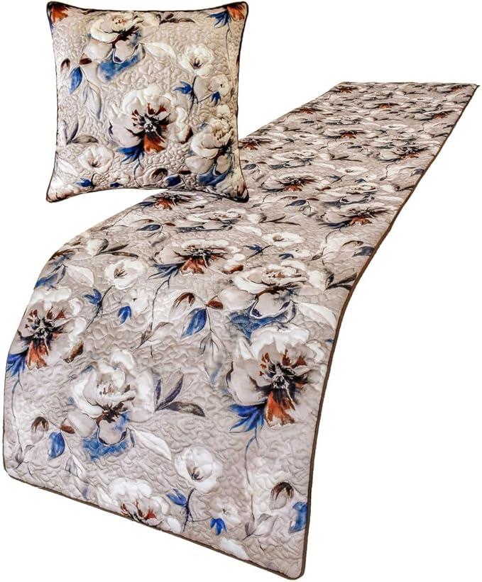 The HomeCentric King/Queen/Twin Ivory Decorative Queen 74"x18" Bed Runner with One Pillow Cover, Floral, Quilted Bed Scarf on Satin Fabric - Floral Harmony
