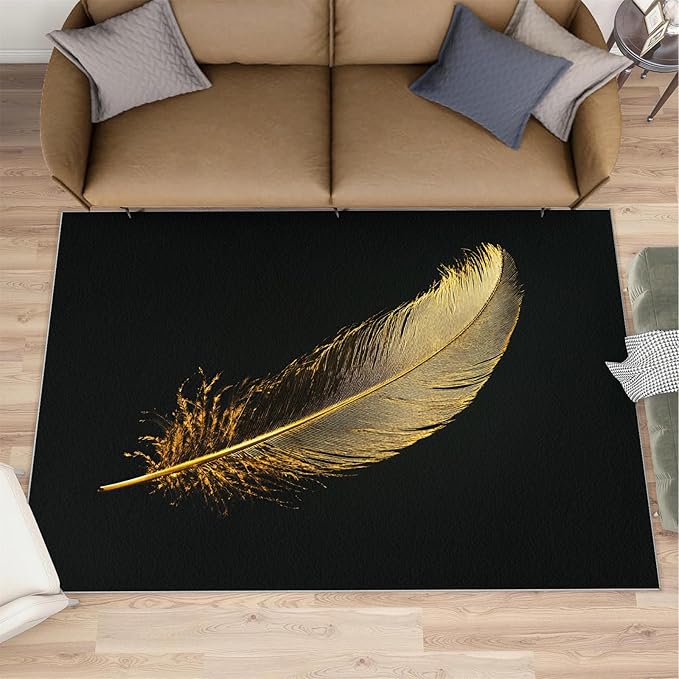 Golden Feathers Rugs for Bedroom - 4x6 Area Rug - Black Gold Feathers Rugs for Living Room, Modern Minimalist Art Rug, Washable Home Decor Carpet