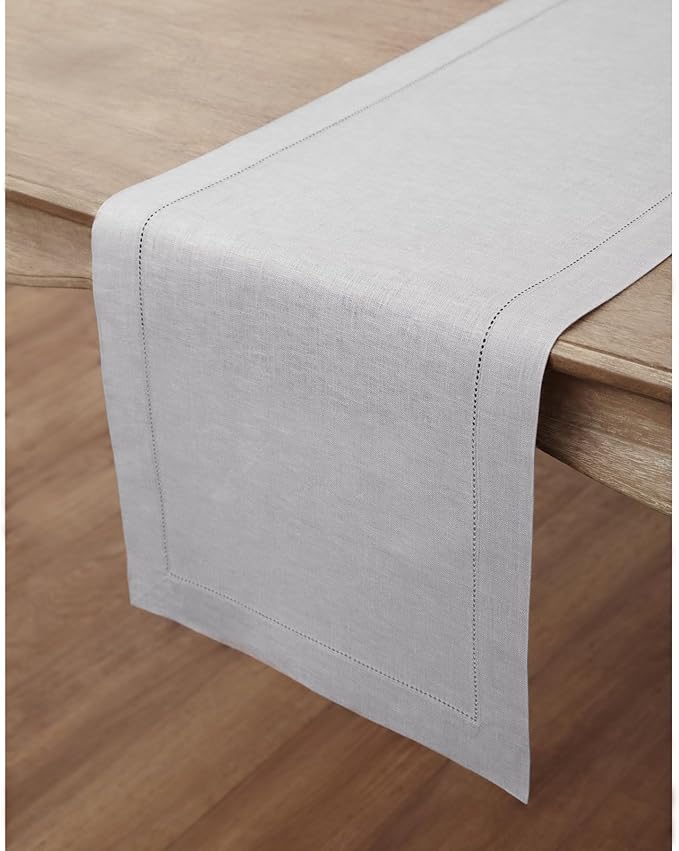 Solino Home Linen Soft Grey Table Runner 90 Inches Long - 100% Pure Linen Hemstitch 14 x 90 Inch Table Runner for Dining, Christmas, New Year - Classic Hemstitch