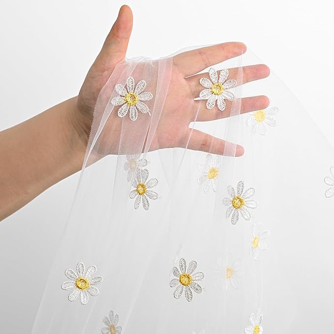 Horaldaily White Embroidery Daisy Spring Summer Gauze Tablecloth 60×120 Inch Rectangular, Seasonal Tulle Table Cover, Garden Party Decorations for Wedding, Party, Holiday Dining