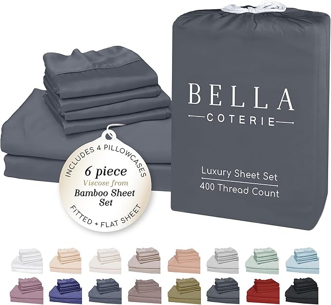 Bella Coterie 6 Piece Luxury Bamboo Viscose King Size Sheet Set | 100% Organically Grown | Cooling for Hot Sleepers | 18" Deep Pocket | Soft & Hypoallergenic | 4 Pillowcases [Charcoal Grey]