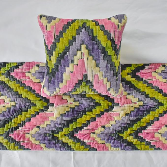 The HomeCentric King/Queen/Twin Pink & Purple Luxury CA King 86"x18" Bed Runner with Two Pillow Cover, Chevron, Quilted Bed Scarf on Velvet Fabric - Artful Chevron