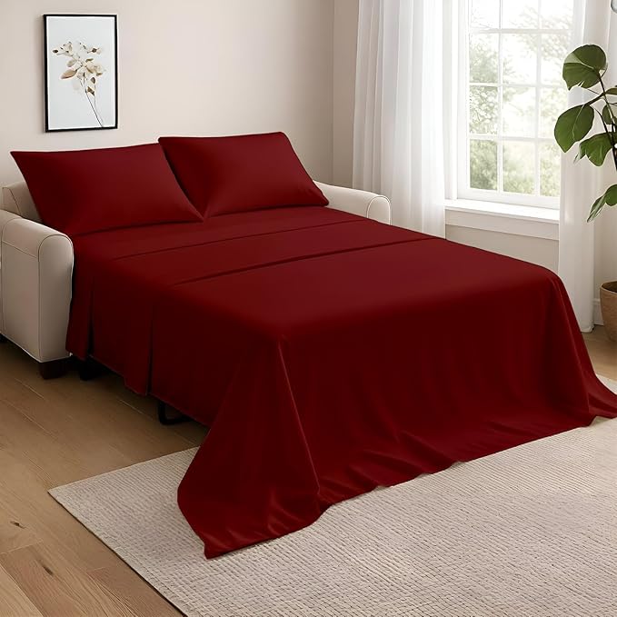 NON Sticky cotton Queen Size Sleeper Sofa Sheets, 4 Piece Egyptian Cotton Bed Sheet Set for Sofa Bed, 7" Deep Pocket for Pull Out Couch Mattress, 60" x 75", Burgundy Solid, Soft & Breathable