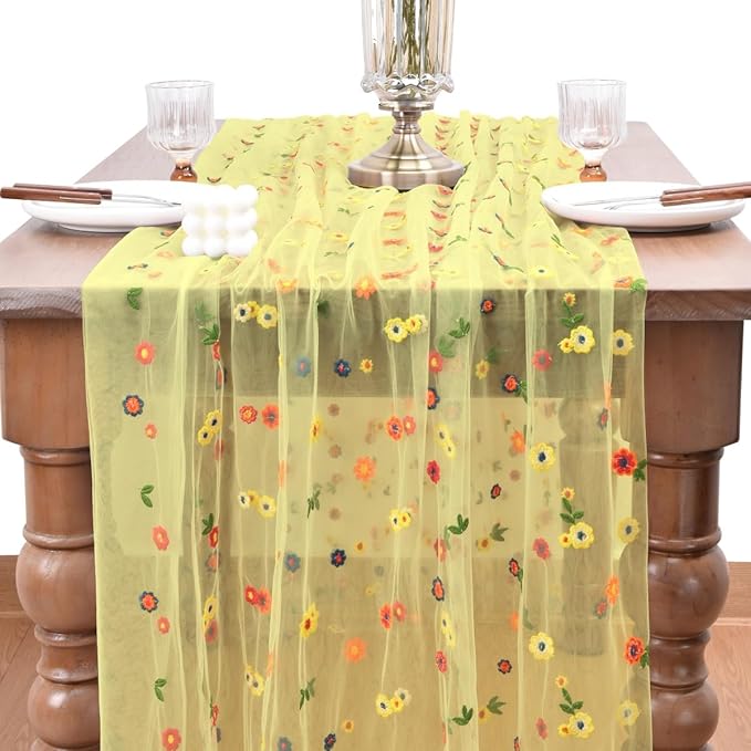 Joanlody 3pcs Yellow Embroidery Daisy Spring Summer Table Runner Florals Seasonal Easter Tulle Table Runner Holiday Kitchen Dining Table Decoration Wedding Party