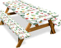 Picnic Table Cover with Bench Covers and Bag, Summer Outdoor Waterproof Windproof Tablecloth with Elastic Edges, Camping Accessories RV Gear Campers 96x30 Inches 4 Pcs Set, White