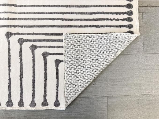 GLN Rugs Contemporary Collection - Machine Washable Area Rug, Contemporary Washable, Non Slip, Low Pile Chenille Rug, Living Room, Bedroom, Kitchen Rug (3' x 5' Black Beige)