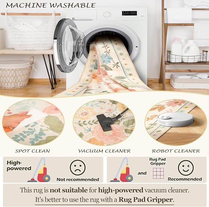 Floral 2x10 Area Rug Machine Washable Soft Print Boho Carpet Non Slip Doormat Low Pile Flower Area Rugs for Living Room Bedroom Nursery Kitchen Dining Room Indoor-Beige/White/Orange
