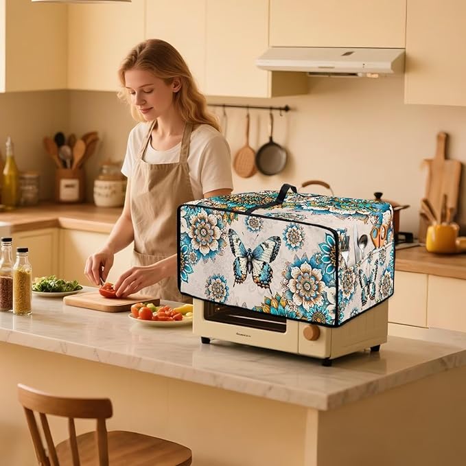Microwave Oven Dust Cover Waterproof Polyester-Linen Fabric Microwave Oven Cloth Cover Universal Case Protections Protector with Storage Bags, Boho Mandala Floral Butterfly Print, L