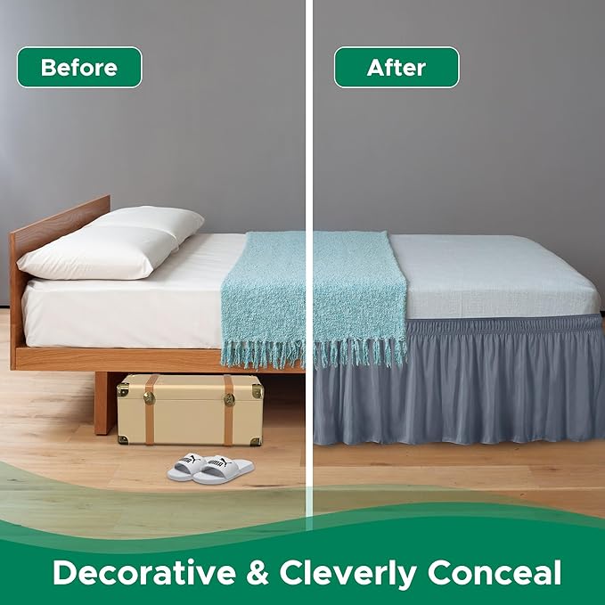 Biscaynebay Wrap Around Bed Skirts for King & Cal King Beds 18" Drop, Dark Grey Adjustable Elastic Dust Ruffles Easy Fit Wrinkle Resistant Silky Luxurious Fabric Machine Washable