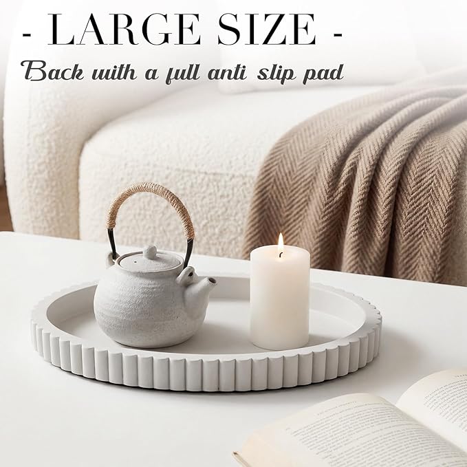 Yalikop Oval Concrete Decorative Tray for Coffee Table Decoration 15" Modern Cream Gray Table Centerpieces Decorative Ottoman Tray for Serve Home Decoration Accent Bandejas Decorativas Gift