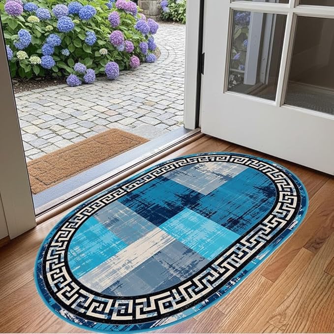Blue Grey Black Greek Key Pattern Bordered Design Large Carpet for Living Room Bedroom Dining Room Soft Non Slip Low Pile Area Rug 8x10 Farmhouse Doormats Vintage Distressed Home Office Oval Rugs