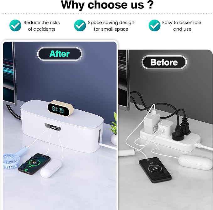 Cable Management Box - Large Cord Organizer Box to Hide Power Strip & Under Desk, TV Computer Wires Cable Organizer Box with Baby Proofs, Desk Cord Organizer for Home/Office - White