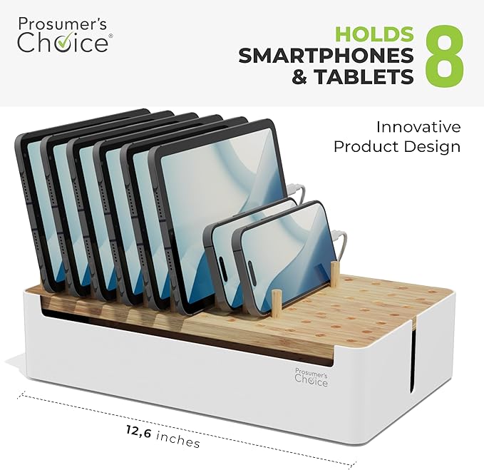 Prosumers Choice Bamboo Charging Station for Multiple Devices - Wooden Charger Organizer with Removable Dividers for Phones, Tablets, and Laptops - 11 Inch Cable Organizer Box - Space-Saving Desk Dock