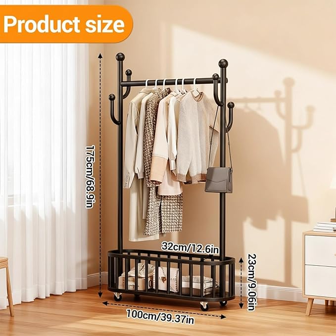 Takywep Rolling Clothing Rack with Wheels and Basket Storage – Metal Moveable Garment Rack, Heavy-Duty Coat Rack for Hanging Clothes, Bedroom, Boutique, Laundry Room
