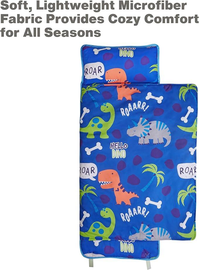 EVERYDAY KIDS Nap Mat with Removable Pillow - Roarin' Dinos - Carry Handle with Straps Closure, Rollup Design, Soft Microfiber for Preschool, Daycare, Travel Sleeping Bag - Ages 3-6 Years