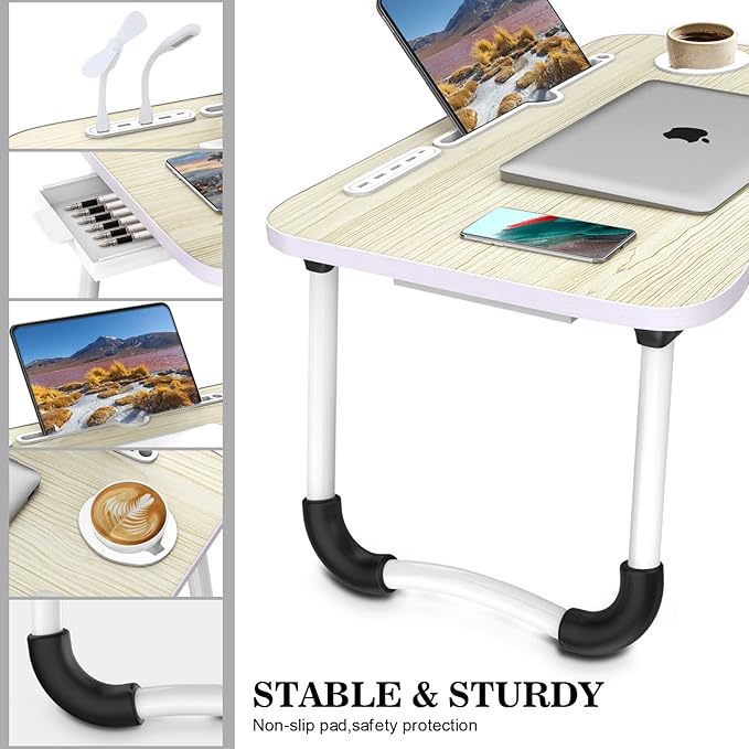 Zapuno Laptop Lap Desk, Foldable Laptop Table Tray with 4 USB Ports Storage Drawer and Cup Holder, Lap Bed Desk Notebook Stand Laptray Portable Standing Table for Bed Couch Floor