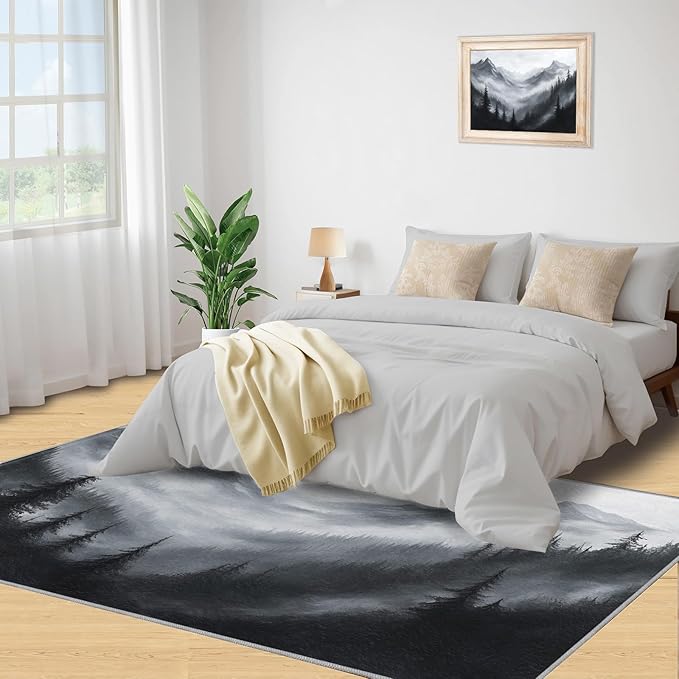 Misty Forest Rugs for Bedroom - 4x6 Area Rug - Modern Black White Art Rugs for Living Room, Natural Landscape Rug, Washable Home Decor Carpet