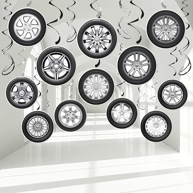 Race Car Party Decorations - 30Pcs Racing Car Wheel Hanging Swirls Wheel Tire Ceiling Hanging Streamers for Race Theme Birthday Party Supplies