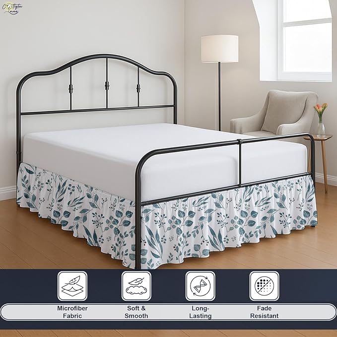 Cottington Lane Ruffled Bed Skirt Full Size with Split Corner, Brushed Microfiber Hotel Quality Dust Ruffle, 21" Drop Gathered Bedskirt, Soft, Stylish, Shrink & Fade Resistant, Tranquil Green Petals
