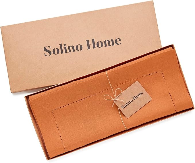 Solino Home Linen Hemstitch Table Runner 108 Inches Long - 100% Pure Linen Pumpkin Table Runner 14 x 108 Inch for Holiday - Classic Hemstitch