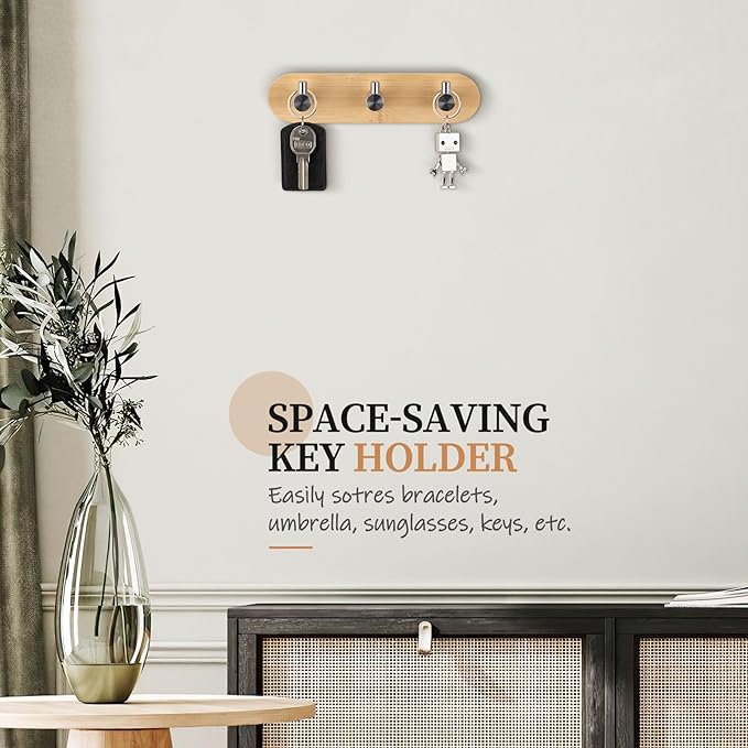 Nekon Bamboo Key Holder for Wall, Wall Mount Key Organizer with 3 Hooks, Decorative Coat Rack for Entryway, Kitchen, Bedroom, Bathroom (Silver Hooks)