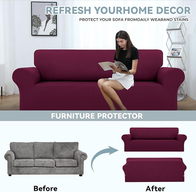 LURKA Stretch Sofa Slipcovers 1 Piece Couch Covers for 3 Cushion Couch Sofa Furniture Protector Full Sofa Covers with Elastic Bottom for Kids and Dog (Large, Wine)