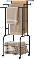 HAITRAL 42" H Standing Towel Rack, 3 Tiers Towel Holder with Basket, Bathroom Freestanding Towel Rack with 360° Anti-Skid Wheels, Multi-Use for Towel, Blanket, Clothes, Indoor/Outdoor (Black)