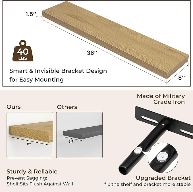 RICHFOCUS 36Inch Floating Shelves for Wall 2 Pack Shelves for Bedroom|Kitchen|Bathroom Wall Mounted Rustic Wood Floating Shelf with Invisible Brackets for Books|Storage|Decor, Oak