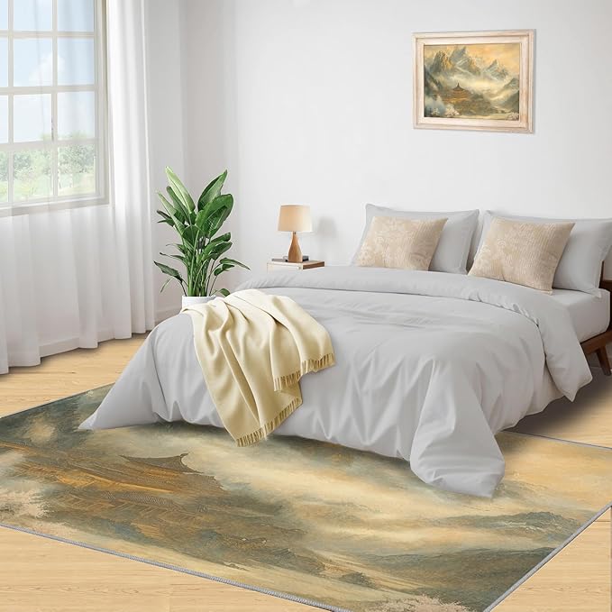 Misty Peaks Rugs for Bedroom - 4x5 Area Rug - Classic Fairy Palace Rugs for Living Room, Fairy Forest Rug, Washable Home Decor Carpet