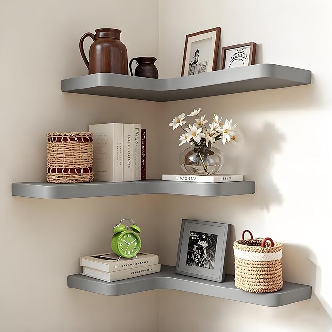 Floating Corner Shelves Set of 3, Solid Wood Picture Wall Shelf, Floating Shelves for Storage for Bedroom Kitchen Bathroom Living Room (Grey)