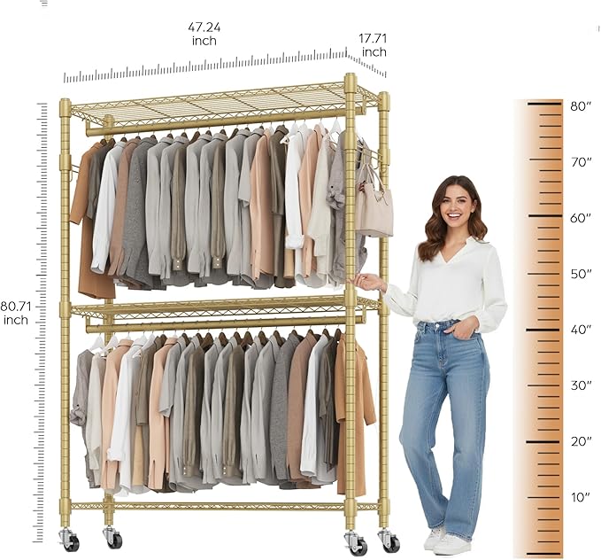BATHWA Heavy Duty Rolling Garment Racks, 25mm Metal Pipe, 47.3"W x 17.7"D x 80.7"H Large Tall Portable Wardrobe Closet with 2 Rods, Wide Adjustable Shelves and Hangers, Clothing Hanging Storage, Gold
