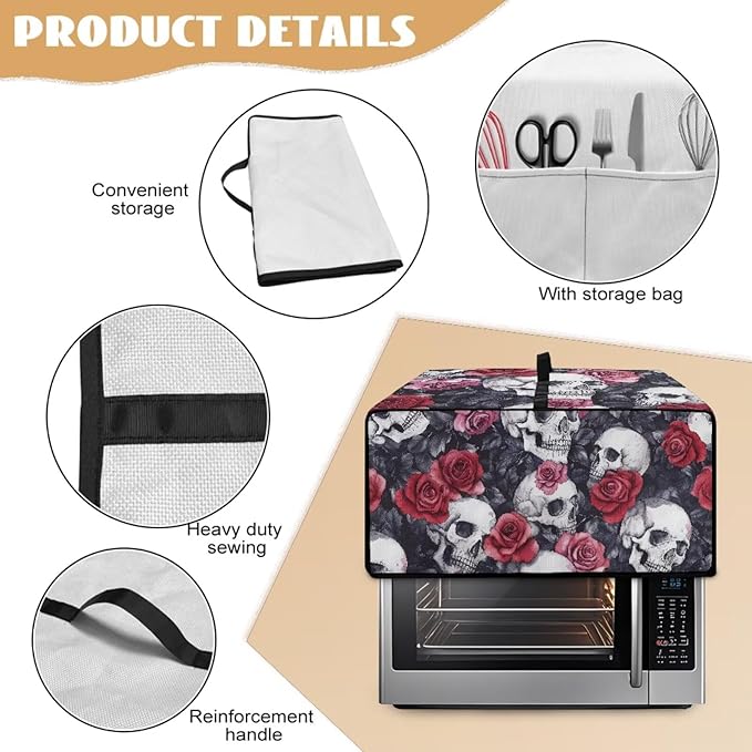 Skull Red Rose Print Microwave Oven Dust Cover Toaster Oven Cover with Top Handle Dust-Proof Kitchen Appliance Protector Dirt and Fingerprint Protection, L