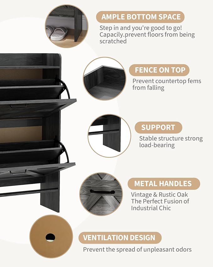 Shoe Cabinet Organizer with 2 Flip Drawers, Freestanding Narrow Shoe Rack for Entryway, Freestanding Hidden Shoe Storage Cabinet for Entryway, Hallway, Living Room, Bedroom, Black