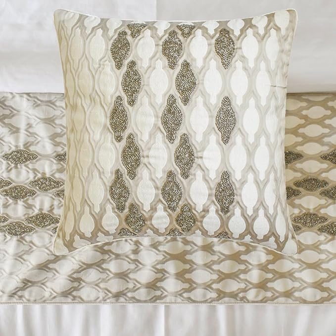 The HomeCentric King/Queen/Twin Ivory Decorative Queen 74"x18" Bed Runner Without Pillow Cover, Bead Hand Embroidery Bed Scarf on Jacquard Fabric - Priscilla Dazzle