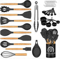 Silicone Cooking Utensils Set, 33PCS/446°F Heat Resistant Food Grade Silicone Kitchen Gadgets, Spatula Set w Holder, for Nonstick Cookware (Black)