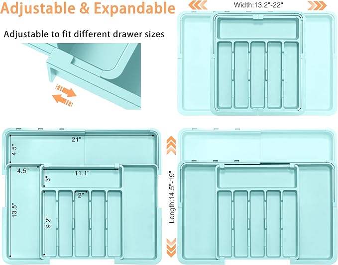 Silverware Organizer Expandable Kitchen Utensil Drawer Organizer Large BPA Free Adjustable Cutlery Silverware Tray for Spoons Forks Knives Storage Divider for Kitchen Flatware 6-9 Slots Turquoise